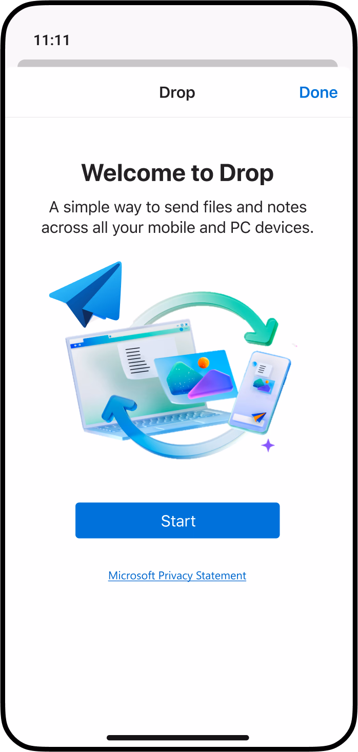 Mockup of a smartphone screen showcasing the Drop feature in Microsoft Edge, enabling seamless file and note sharing across devices.